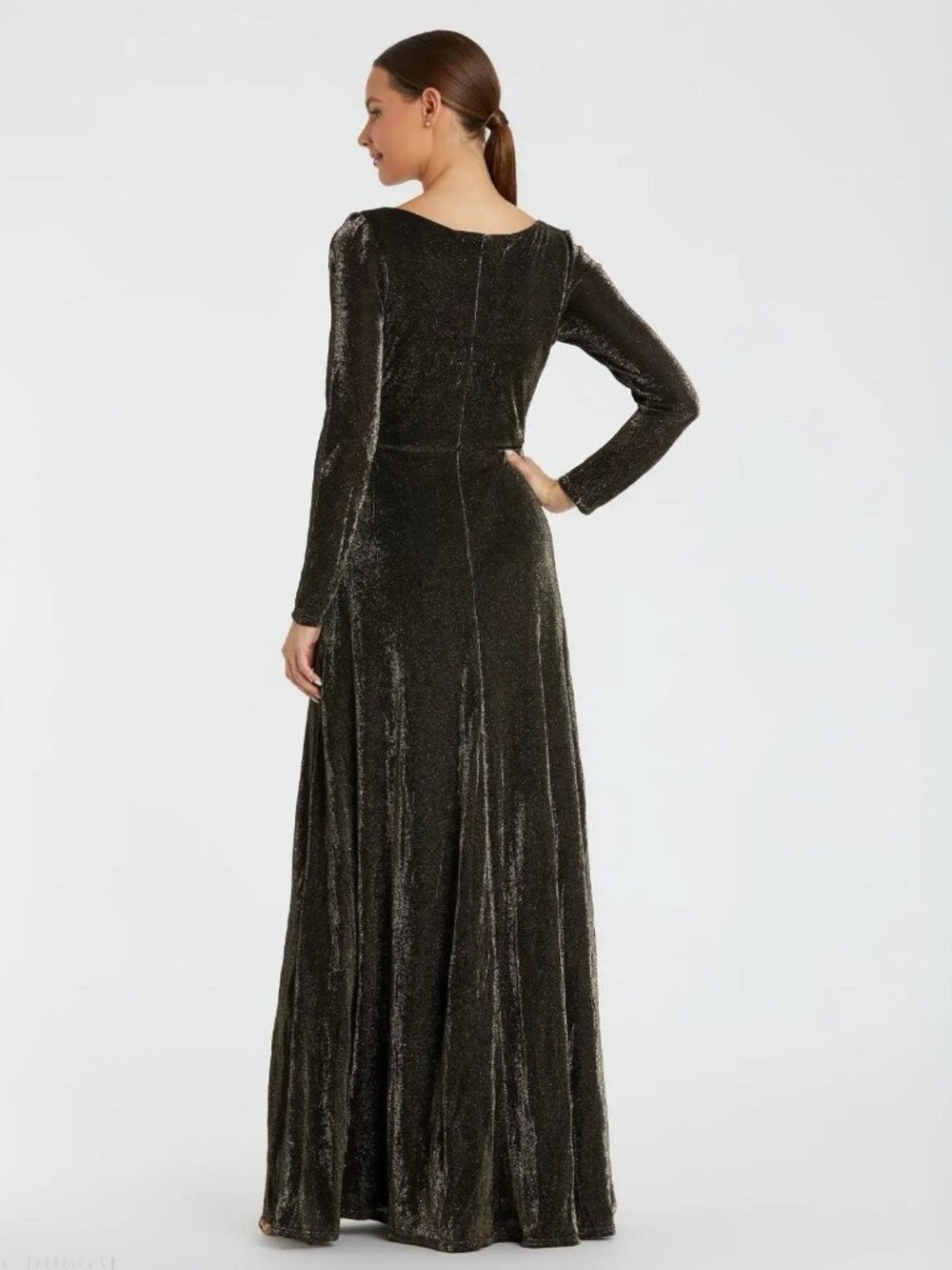Mac Duggal Size 8 Black Gold 49088 Long Sleeve Faux Wrap A Line Gown Dress NWT - Picture 4 of 13